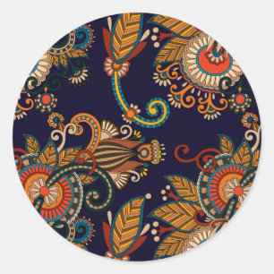Navy Blue and Red Paisley Pattern Classic Round Sticker