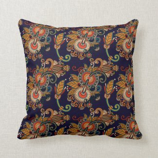 Navy Blue and Red Paisley Pattern Throw Pillow
