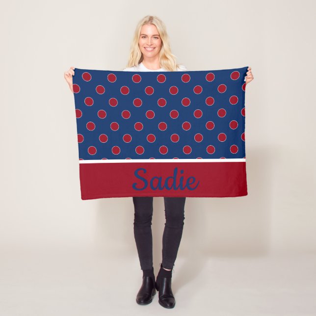 Navy Blue and Red Polka Dot Personalized Fleece Blanket (In Situ)