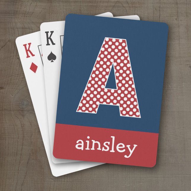 Navy Blue and Red Polka Dots Custom Monogram Poker Cards (Personalized Playing Cards - Huge Monogram)