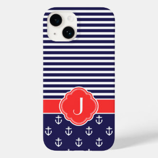 Navy Blue and Red Preppy Nautical Monogram Case-Mate iPhone 14 Case