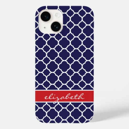 Navy Blue and Red Quatrefoil Monogram Case_Mate iPhone 14 Case