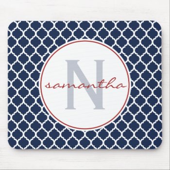 Navy Blue And Red Quatrefoil Monogram Mouse Pad by snowfinch at Zazzle