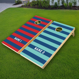 Navy Blue and Red Rugby Stripes 2 Names Cornhole Set
