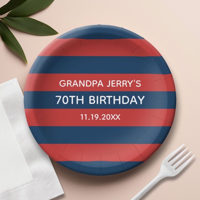 Navy Blue and Red Rugby Stripes Birthday Party Paper Plates (Custom Paper Plate)