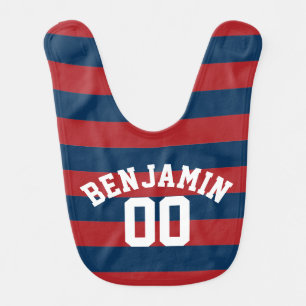 Navy Blue and Red Rugby Stripes Name Number Bib