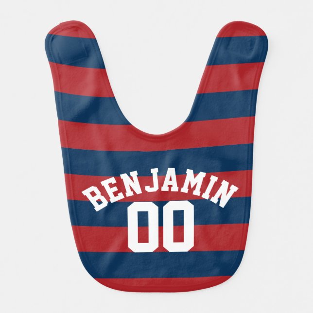 Navy Blue and Red Rugby Stripes Name Number Bib (Front)