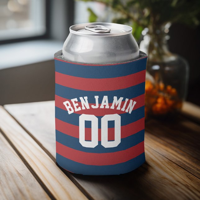 Navy Blue and Red Rugby Stripes Name Number Can Cooler (Personalized Can Cooler - add a name and custom text to this sports jersey design)