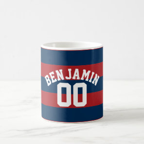 Navy Blue and Red Rugby Stripes Name Number Coffee Mug