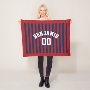 Navy Blue and Red Rugby Stripes Name Number Fleece Blanket