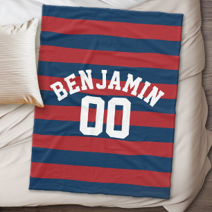 Navy Blue and Red Rugby Stripes Name Number Fleece Blanket