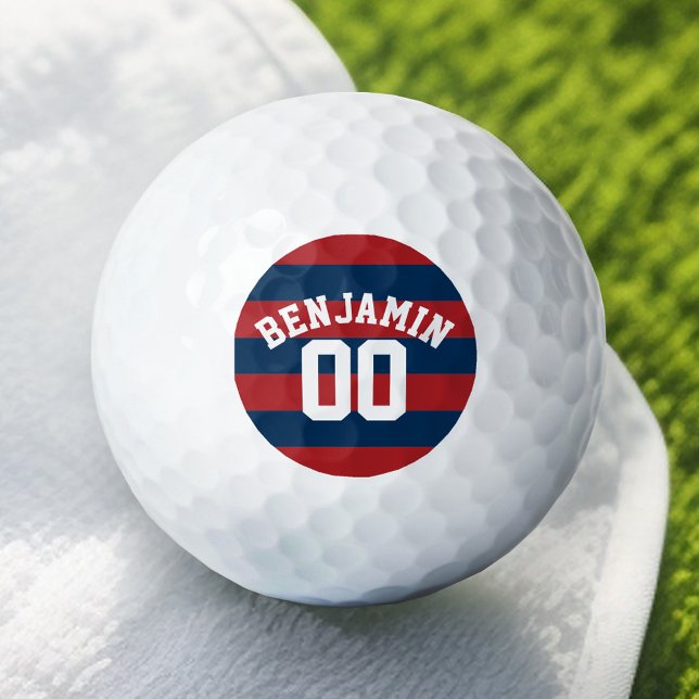Navy Blue and Red Rugby Stripes Name Number Golf Balls (Add Your Name to this Personalized Golf Ball)