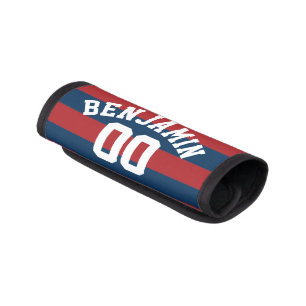 Navy Blue and Red Rugby Stripes Name Number Luggage Handle Wrap