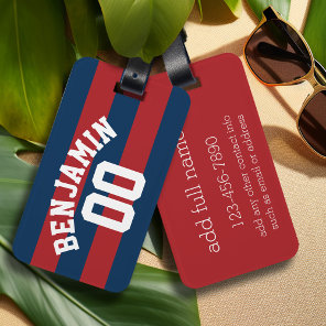 Navy Blue and Red Rugby Stripes Name Number Luggage Tag