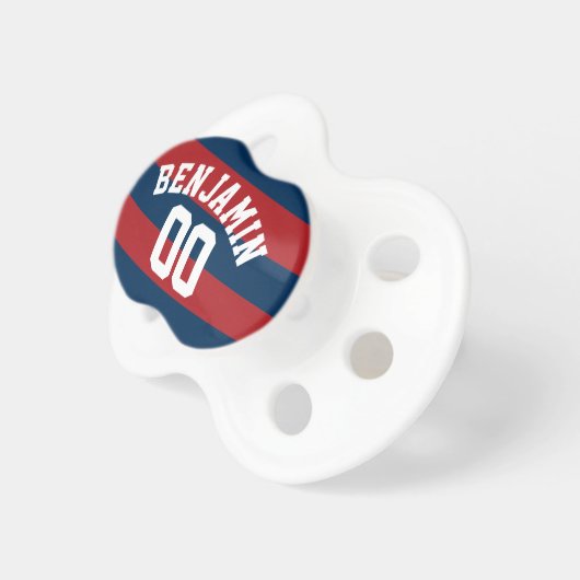Navy Blue and Red Rugby Stripes Name Number Pacifier (Front Right)