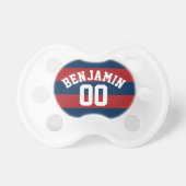 Navy Blue and Red Rugby Stripes Name Number Pacifier (Front)