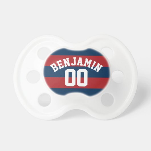 Navy Blue and Red Rugby Stripes Name Number Pacifier (Front)