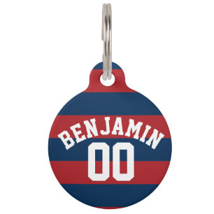 Navy Blue and Red Rugby Stripes Name Number Pet Tag