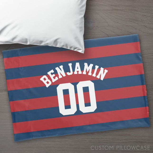 Navy Blue and Red Rugby Stripes Name Number Pillow Case (Custom Pillowcase)