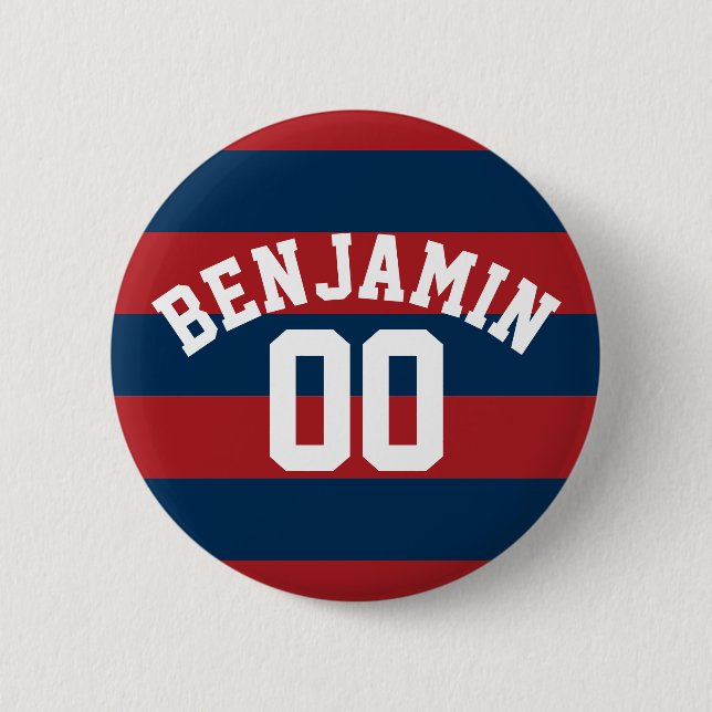 Navy Blue and Red Rugby Stripes Name Number Pinback Button (Front)