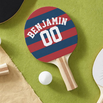 Navy Blue And Red Rugby Stripes Name Number Ping Pong Paddle by MyRazzleDazzle at Zazzle