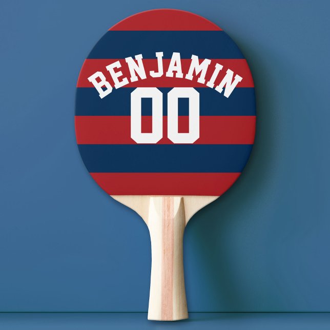 Navy Blue and Red Rugby Stripes Name Number Ping Pong Paddle (Custom Ping Pong Paddle - Team or College colors Sports Jersey)