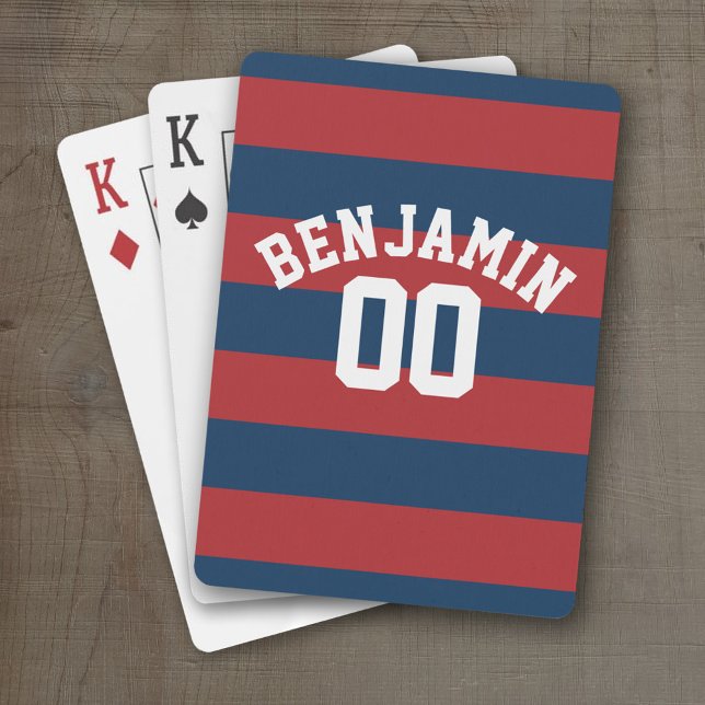Navy Blue and Red Rugby Stripes Name Number Poker Cards (Personalized Playing Cards - Sports Design)