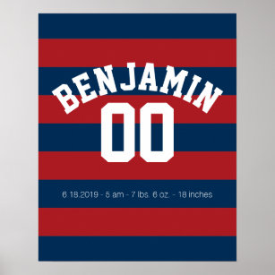 Navy Blue and Red Rugby Stripes Name Number Poster