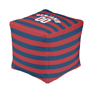 Navy Blue and Red Rugby Stripes Name Number Pouf