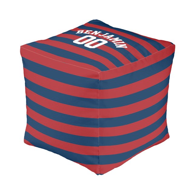 Navy Blue and Red Rugby Stripes Name Number Pouf (Angled Front)