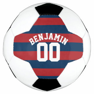 Navy Blue and Red Rugby Stripes Name Number Soccer Ball
