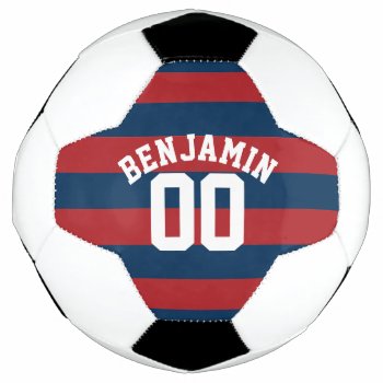 Navy Blue And Red Rugby Stripes Name Number Soccer Ball by MyRazzleDazzle at Zazzle