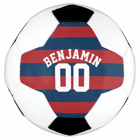 Navy Blue And Red Rugby Stripes Name Number Soccer Ball