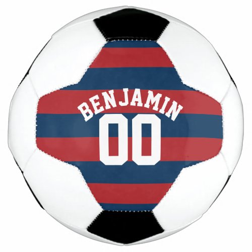 Navy Blue and Red Rugby Stripes Name Number Soccer Ball