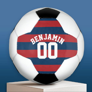 Navy Blue and Red Rugby Stripes Name Number Soccer Ball