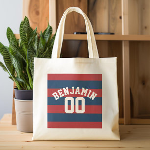 Navy Blue and Red Rugby Stripes Name Number Tote Bag