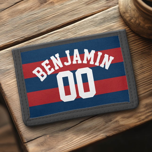 Navy Blue and Red Rugby Stripes Name Number Trifold Wallet (Custom Tri-Fold Wallet)