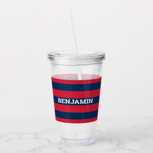 Navy Blue and Red Rugby Stripes with Custom Name Acrylic Tumbler