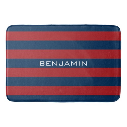 Navy Blue and Red Rugby Stripes with Custom Name Bath Mat