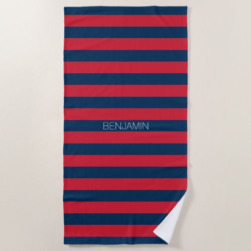 Navy Blue and Red Rugby Stripes with Custom Name Beach Towel