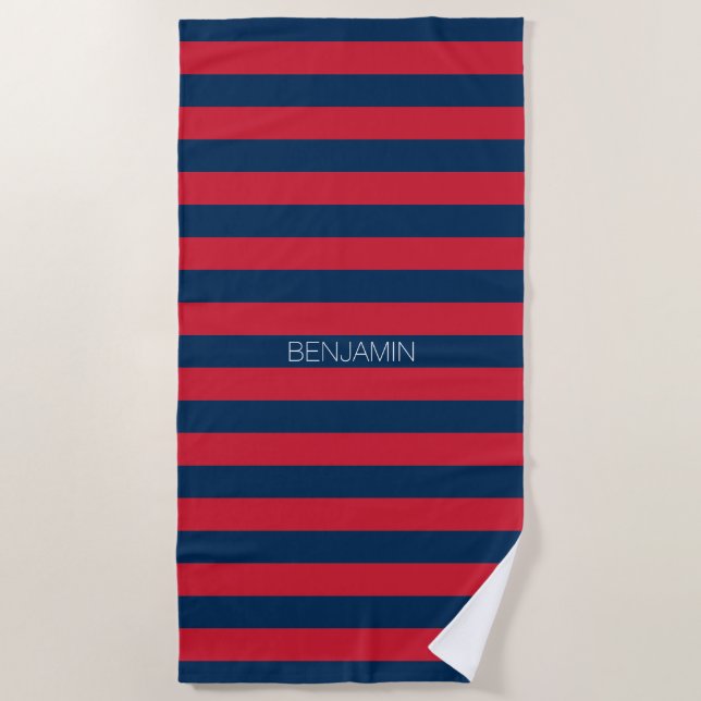 Navy Blue and Red Rugby Stripes with Custom Name Beach Towel (Front)