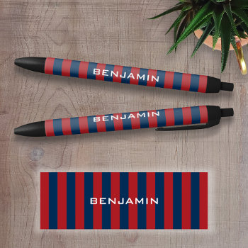 Navy Blue And Red Rugby Stripes With Custom Name Black Ink Pen by MarshBaby at Zazzle