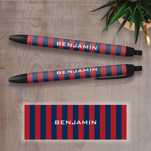 Navy Blue and Red Rugby Stripes with Custom Name Black Ink Pen