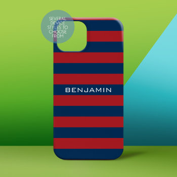 Navy Blue And Red Rugby Stripes With Custom Name Iphone 15 Case by MarshBaby at Zazzle