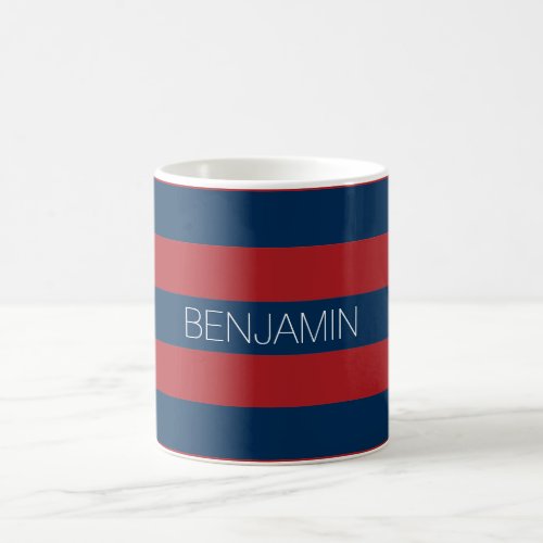 Navy Blue and Red Rugby Stripes with Custom Name Coffee Mug