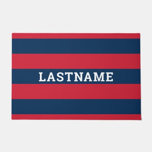 Navy Blue and Red Rugby Stripes with Custom Name Doormat