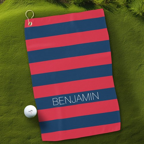 Navy Blue and Red Rugby Stripes with Custom Name Golf Towel