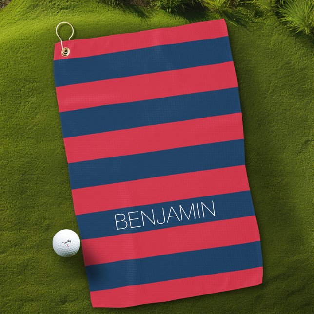 Navy Blue and Red Rugby Stripes with Custom Name Golf Towel (Personalized Golf Towel with name)