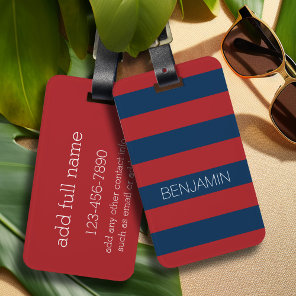 Navy Blue and Red Rugby Stripes with Custom Name Luggage Tag