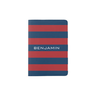 Navy Blue and Red Rugby Stripes with Custom Name Passport Holder